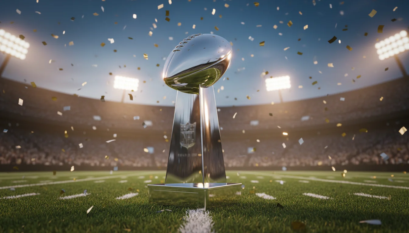 Trofeo Vince Lombardi del Super Bowl su sfondo di campo da football americano