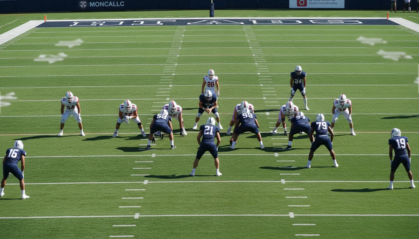 Giocatori di football americano in azione su campo verde con linee delle yard