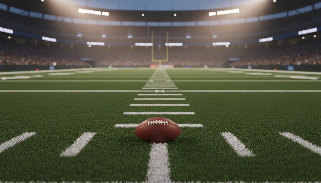 Campo da football americano NFL visto dalla linea delle 50 yard durante una partita serale sotto i riflettori