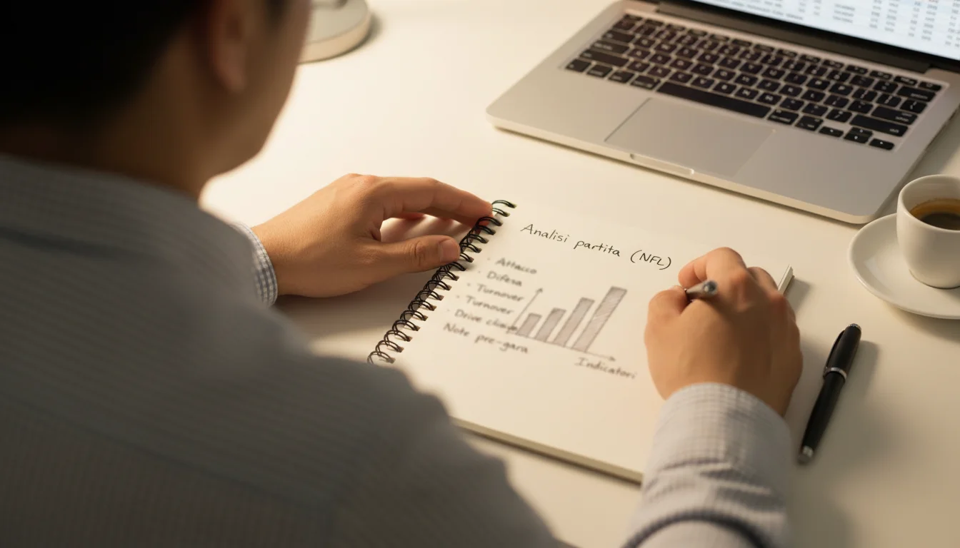 Persona che analizza statistiche di football americano NFL su un notebook con appunti e penna sul tavolo