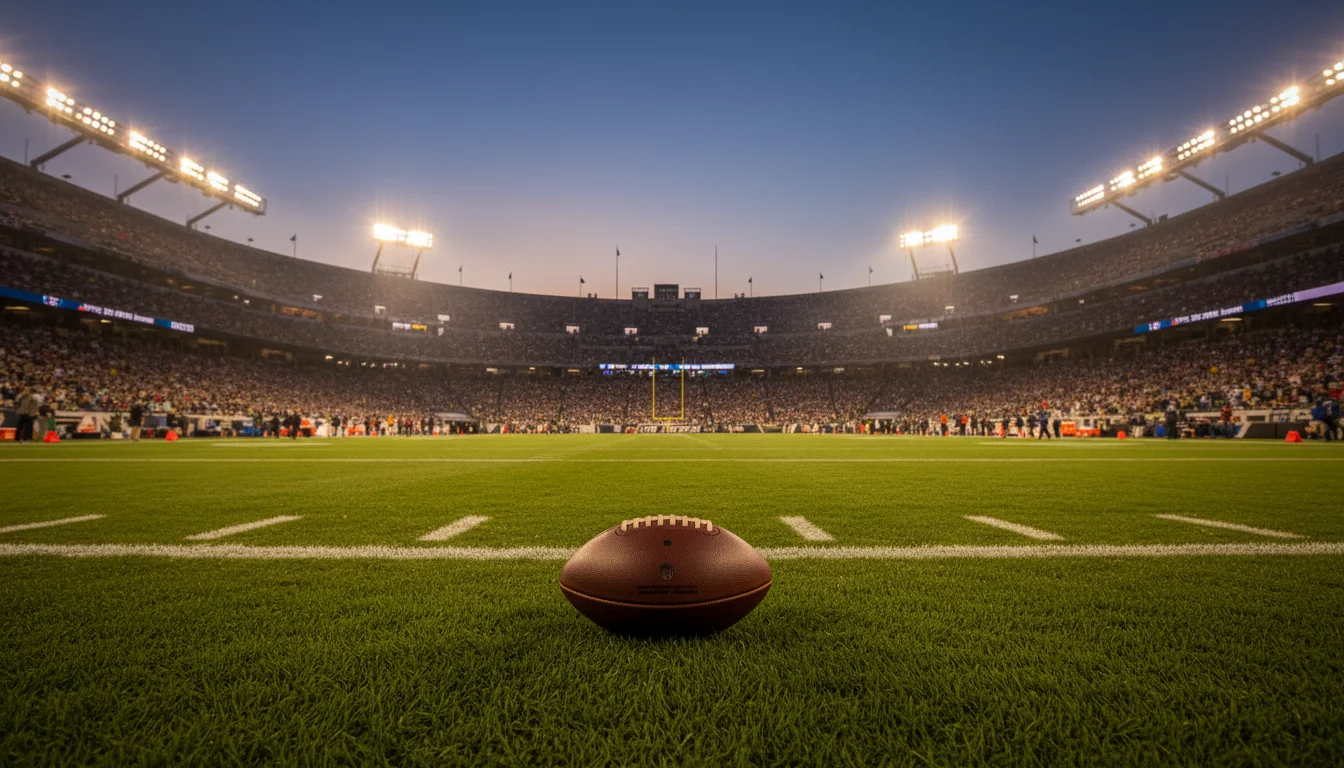 Stadio di football americano NFL illuminato durante una partita serale