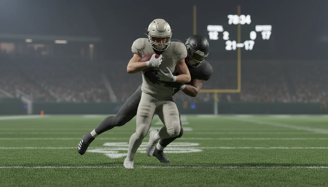 Giocatori NFL in azione durante un placcaggio su campo in erba con il tabellone segnapunti sullo sfondo