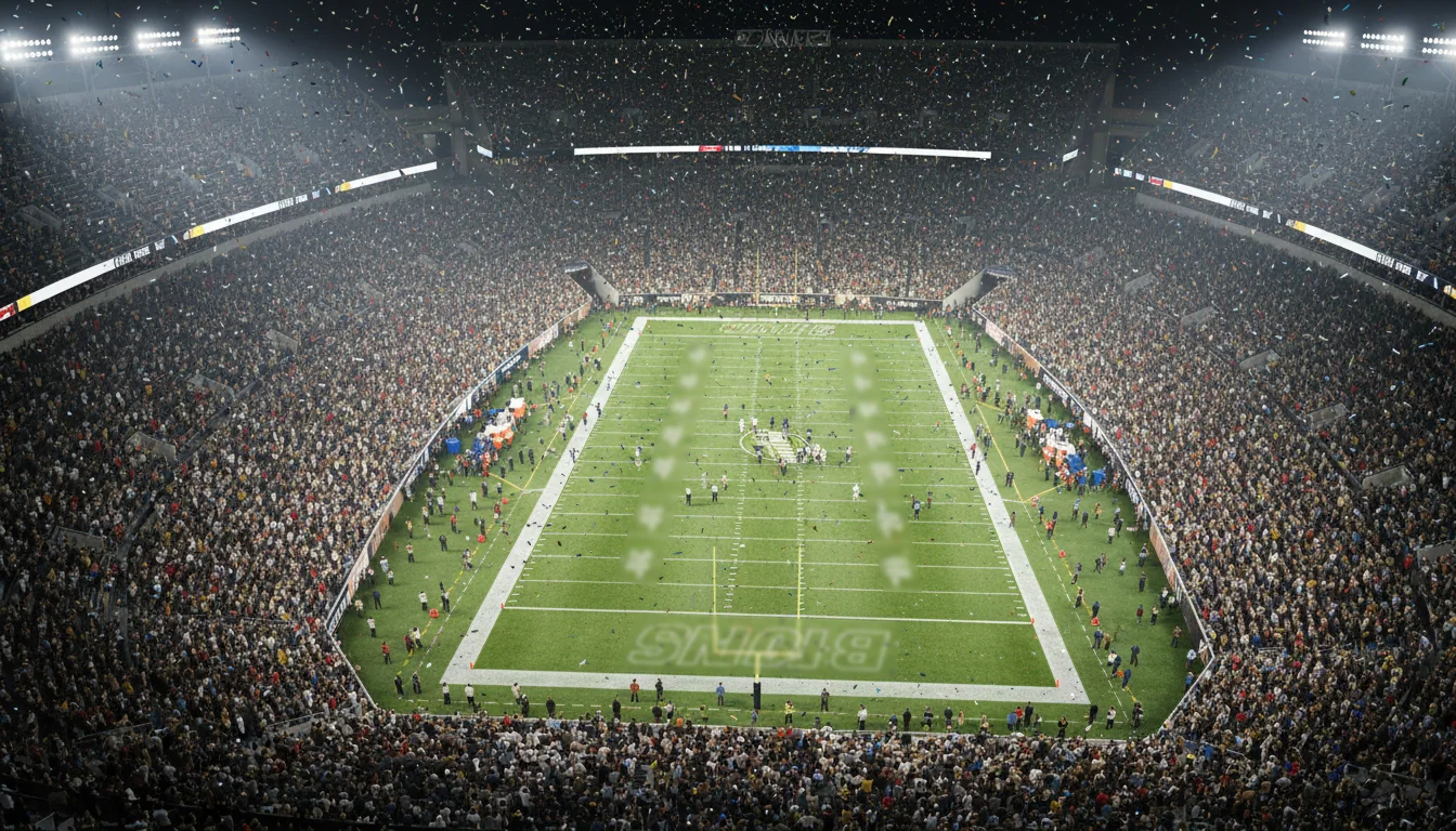 Stadio NFL gremito di spettatori durante la finale del Super Bowl con il campo illuminato dai riflettori