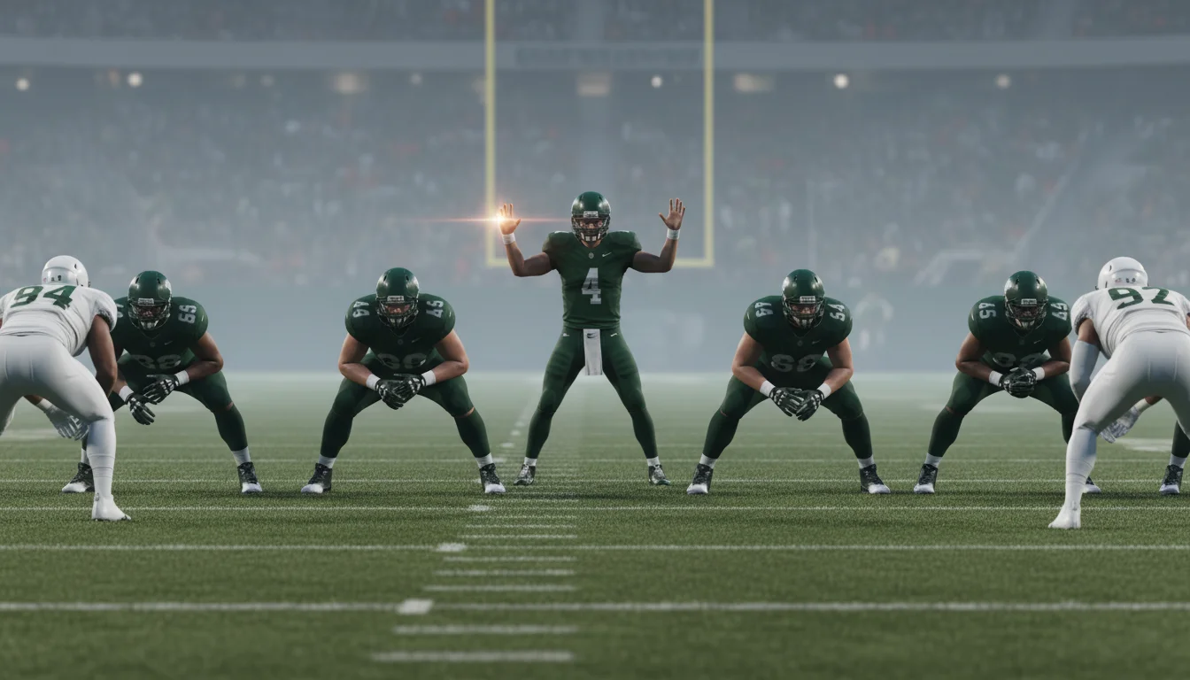 Quarterback di football americano NFL che prepara la giocata dietro la linea offensiva