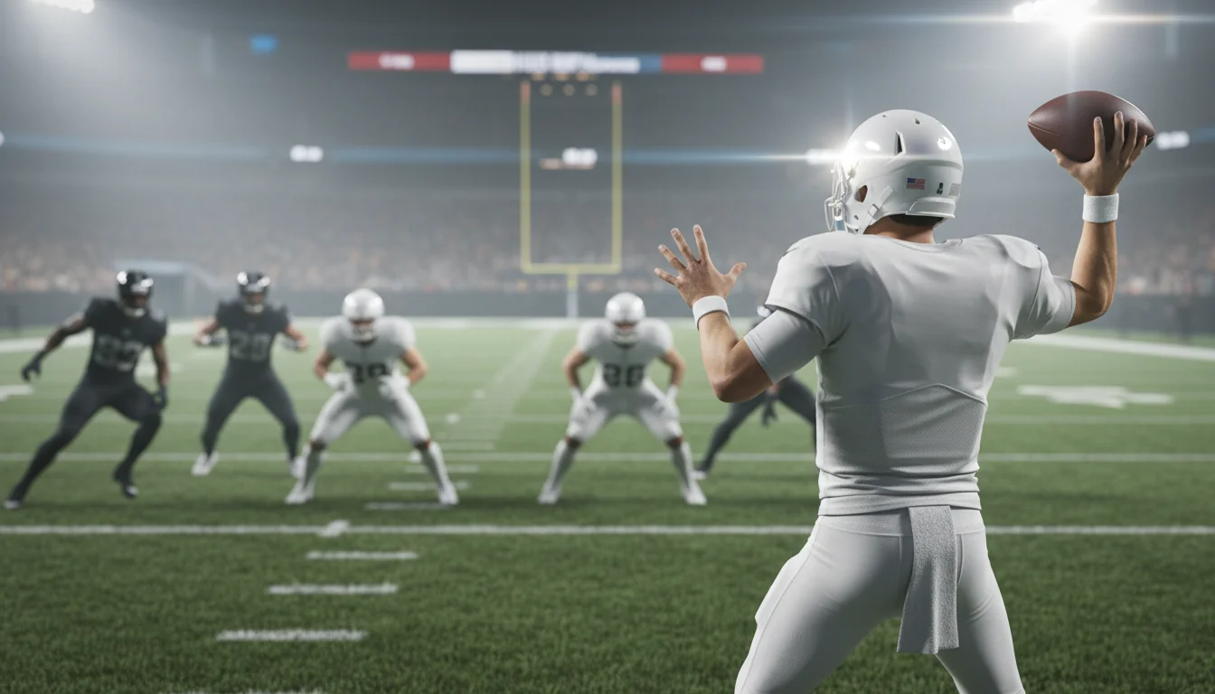 Quarterback NFL in posizione di lancio dietro la linea offensiva durante una partita su campo in erba